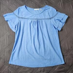 Notations Womens Petite Large Blue Solid Fluttler Sleeve Ruffled Blouse Bohemian